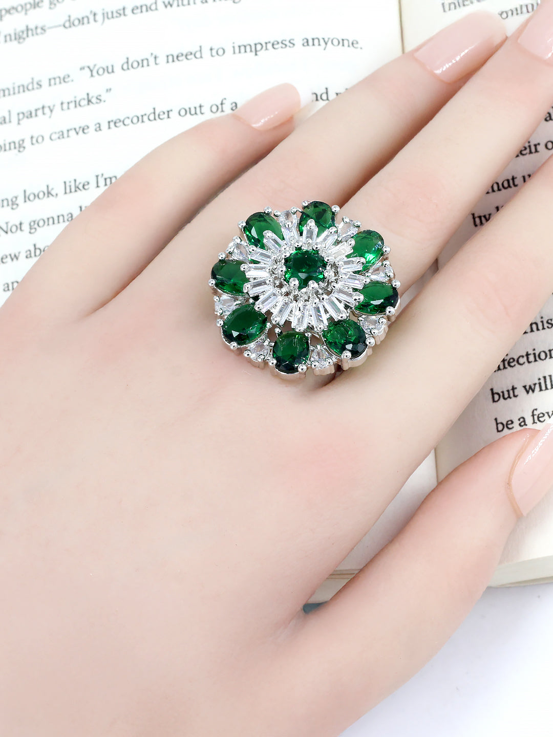 Floral Green American Diamond Adjustable Cocktail Finger Ring