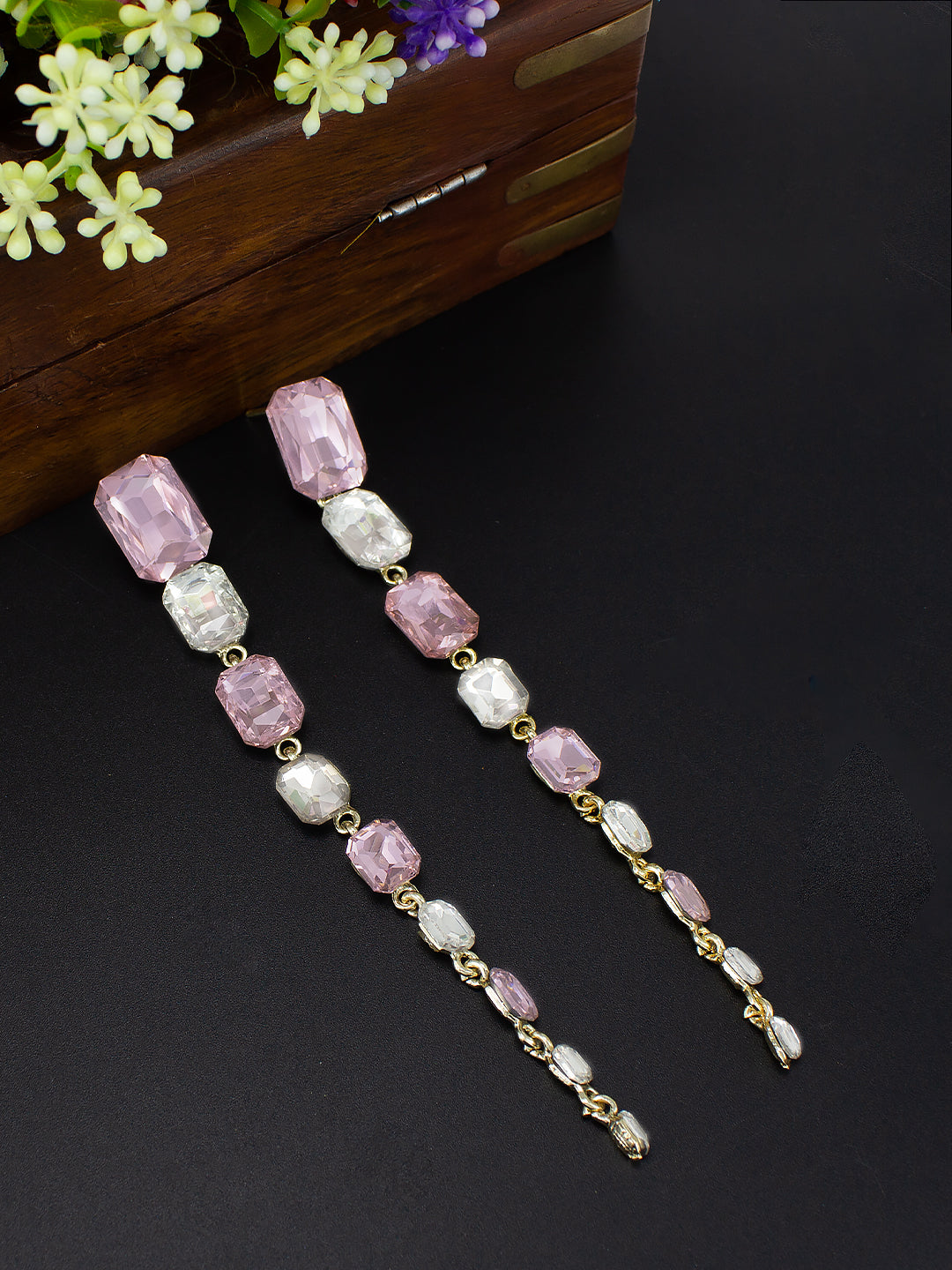 Gold Plated Pink & White Crystal Stones Studded Long Drop Earrings
