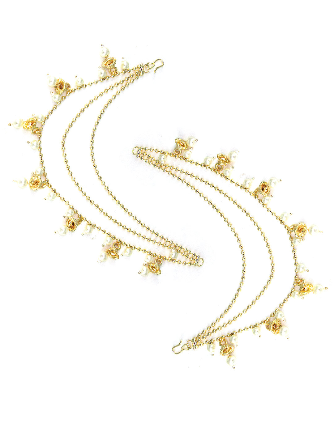 Gold-Plated 3-Layered Beads & 7 Jhumki Drop Ear Chain