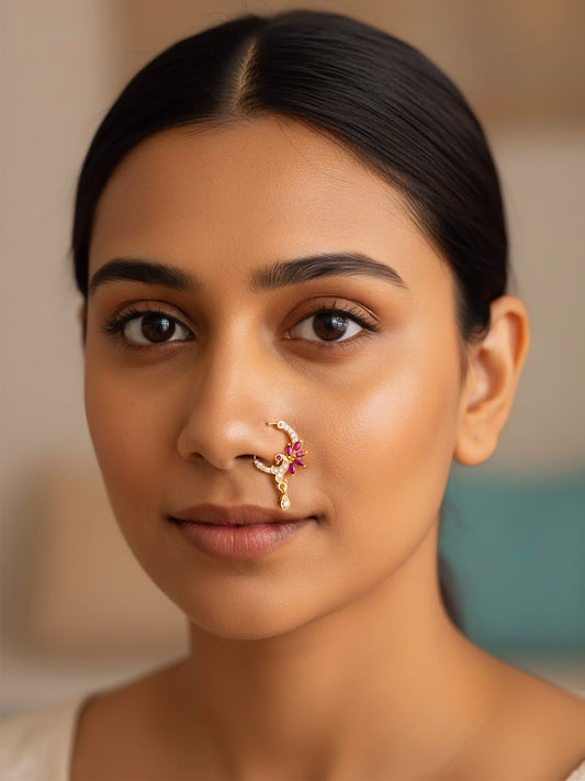 Gold Plated Red AD Drop Nose Ring for Women