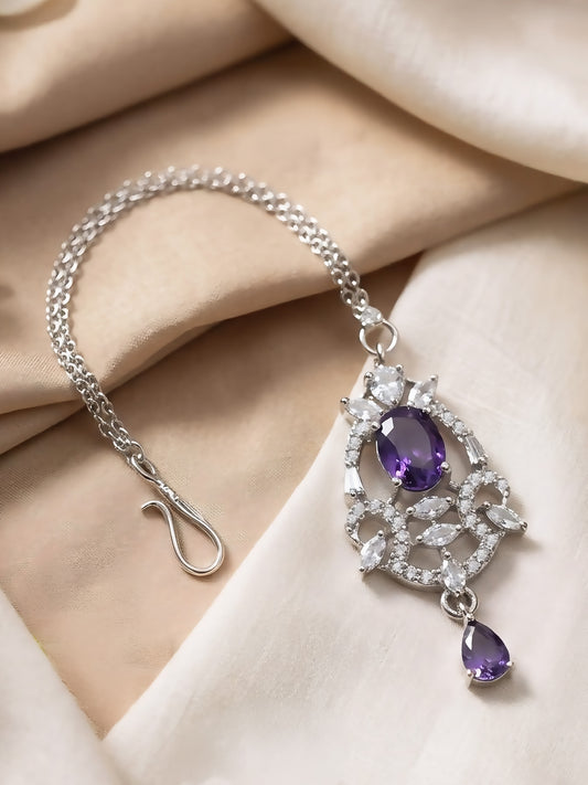 Silver Plated Purple AD Maang Tikka for Women