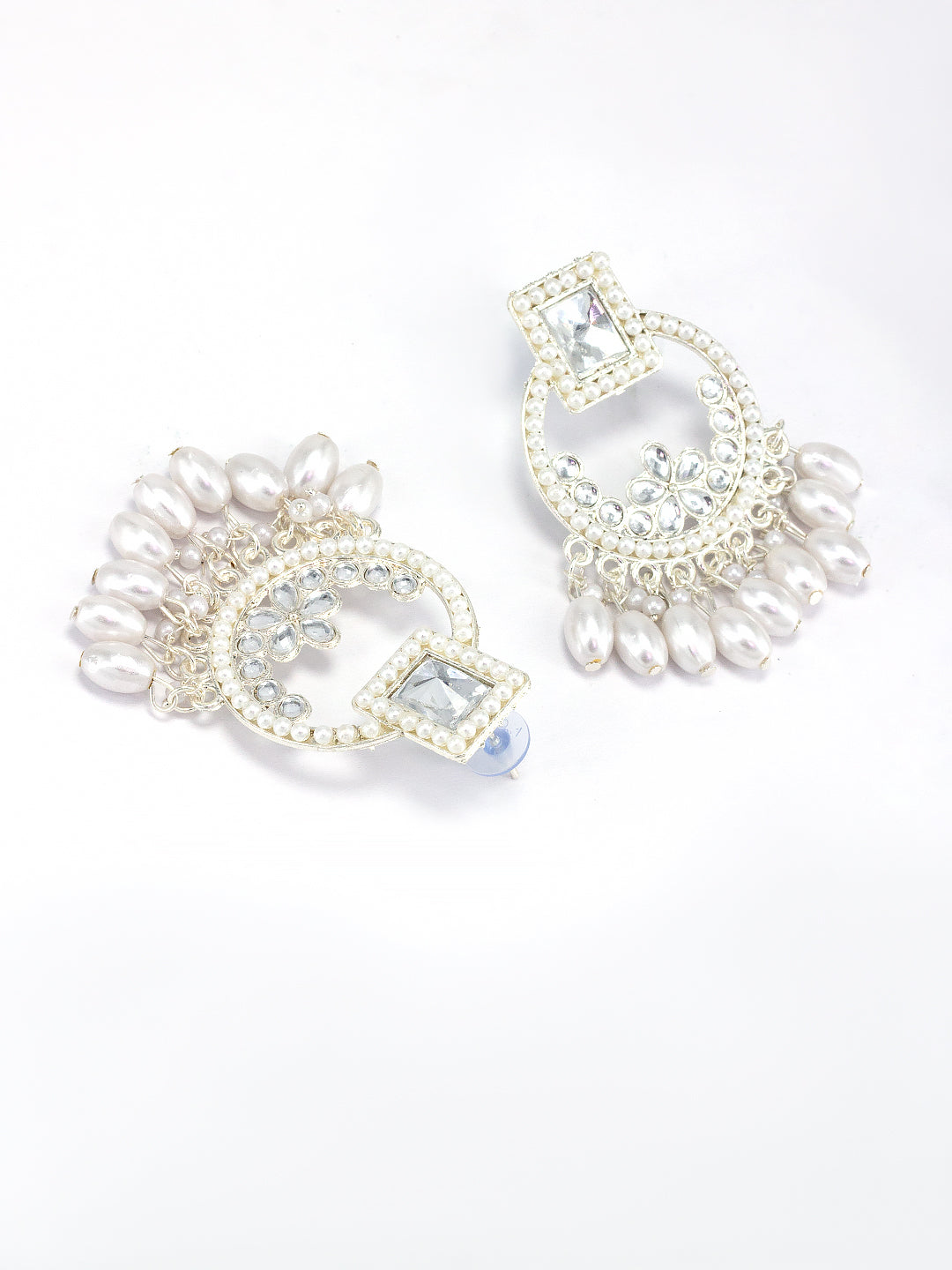 Silver Plated White Square Artificial Beads & Stones Studded Drop Earrings