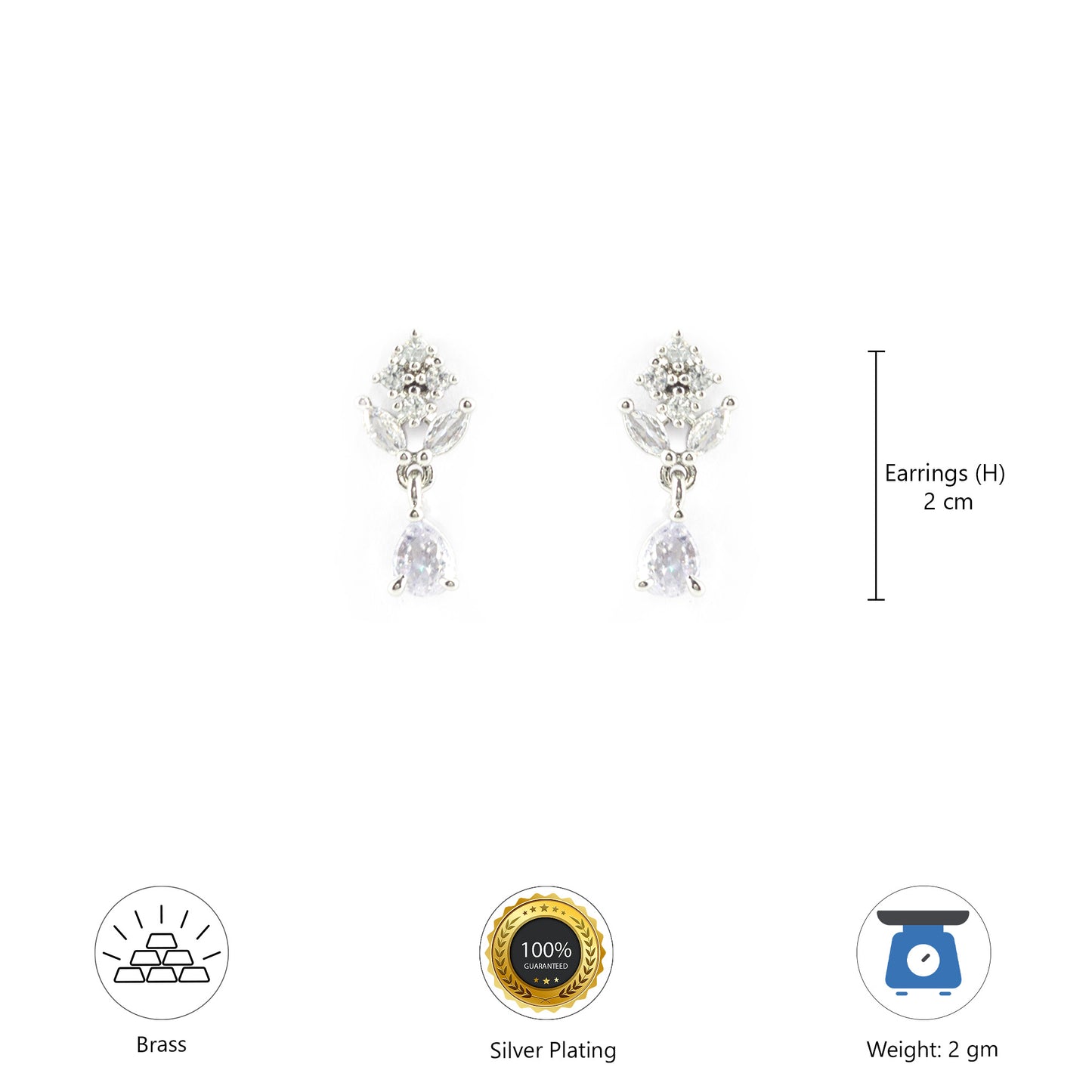 Rhodium Plated AD Minimal Drop Earrings for Women