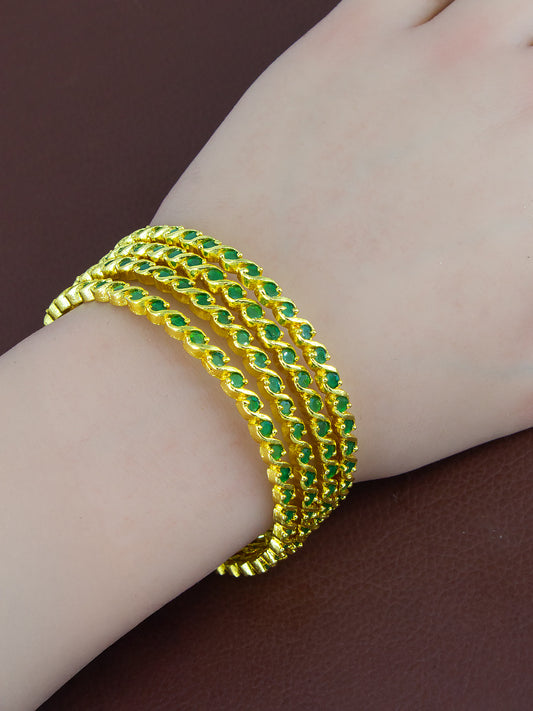 Set Of 4 Gold-Plated Green American Diamond Studded Bangles