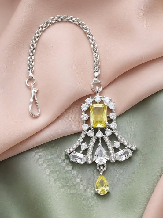 Silver Plated Yellow AD Maang Tikka for Women