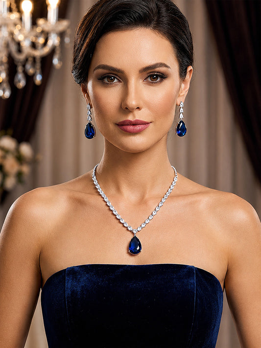 Silver Plated Blue Teardrop AD Jewellery Set for Women