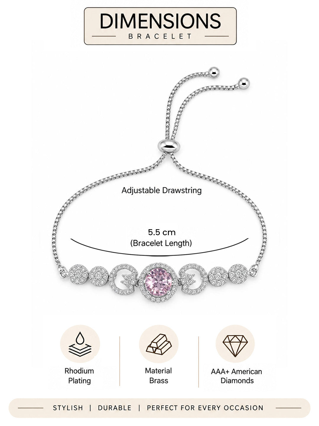 Rhodium Plated Pink AD Adjustable Bracelet for Women