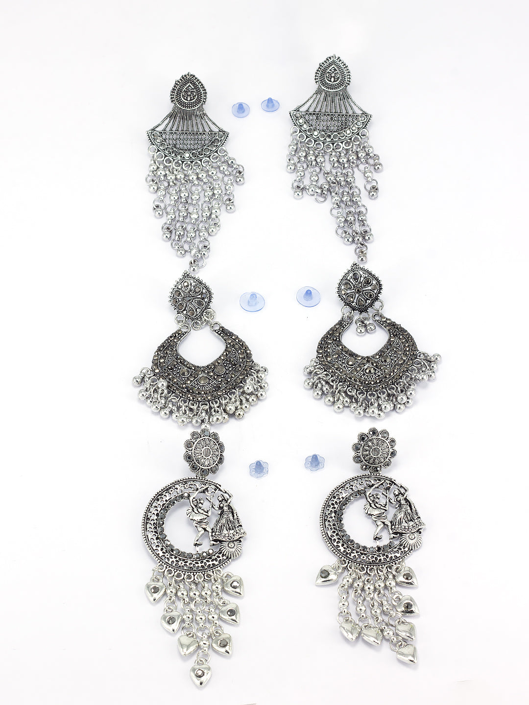 Pack Of 3 Silver-Oxidised Contemporary Artificial Stones Studded Jhumkas