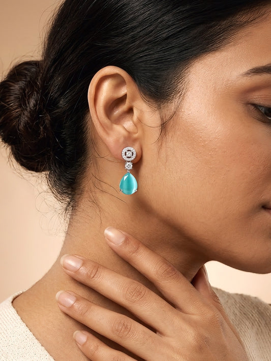 Silver Plated Mint Green AD Drop Earrings for Women