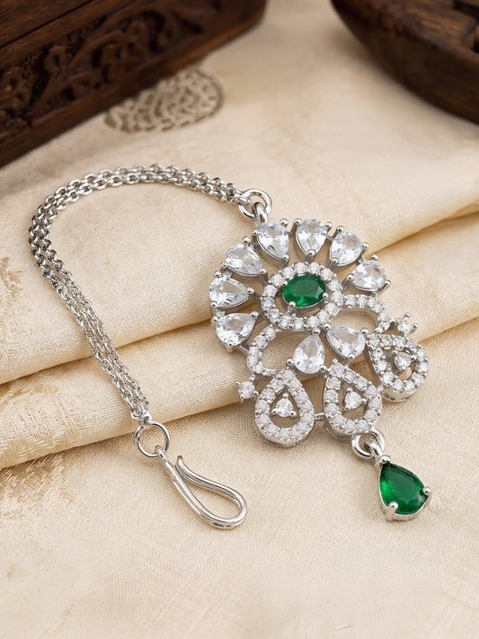 Silver Plated Green AD Maang Tikka for Women