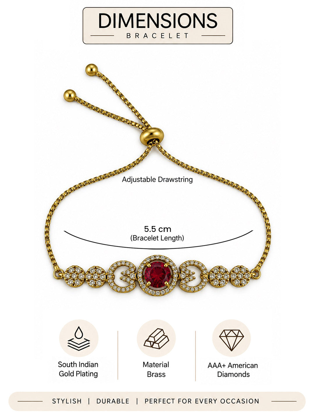 South Indian Gold Plated Red AD Adjustable Bracelet for Women