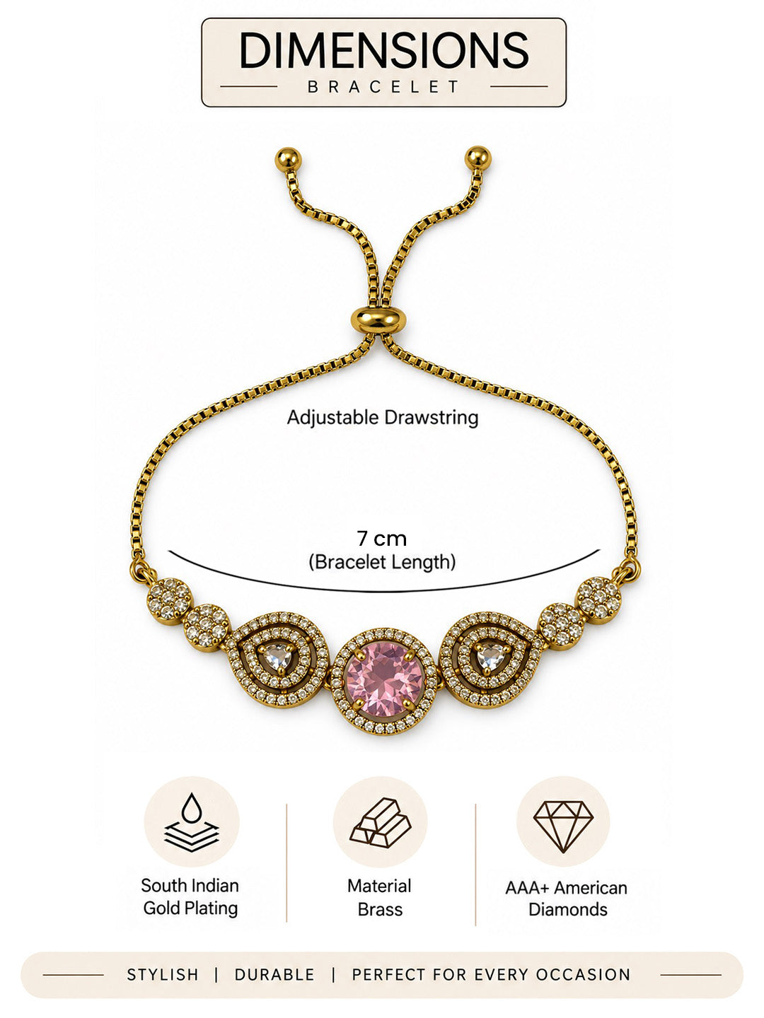 South Indian Gold Plated Pink AD Adjustable Bracelet for Women