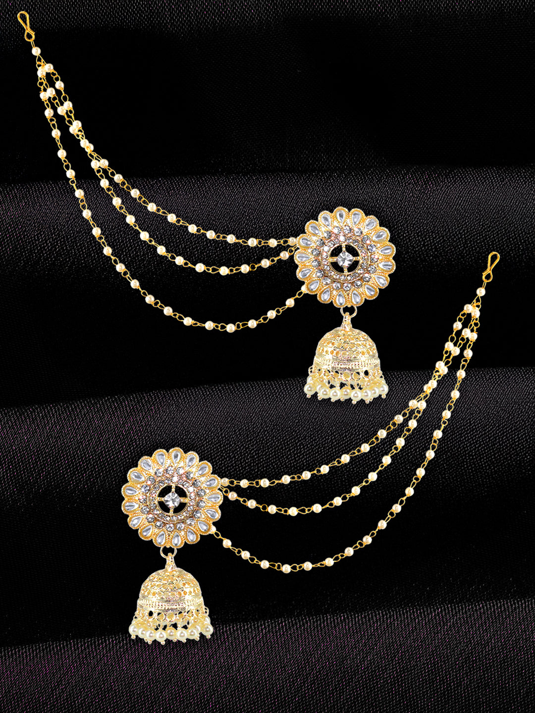 Floral Kundan-Studded & Beads Drop Jhumka Earrings With Ear Chain