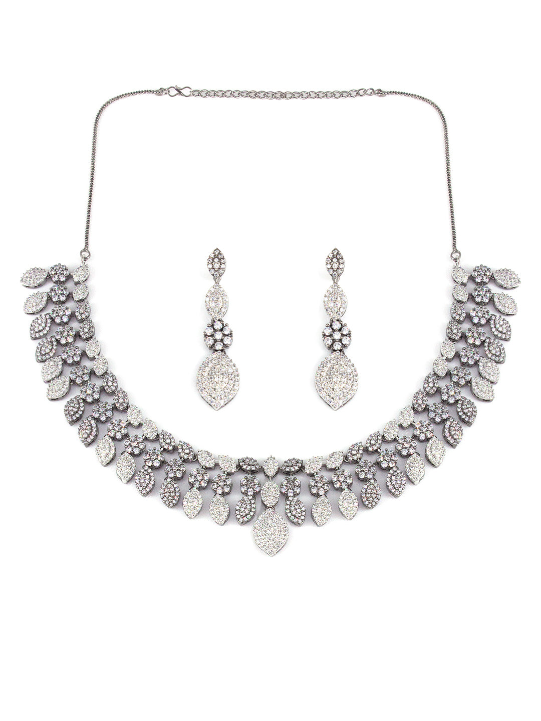 Silver Plated Black AD Floral Designer Jewellery Set