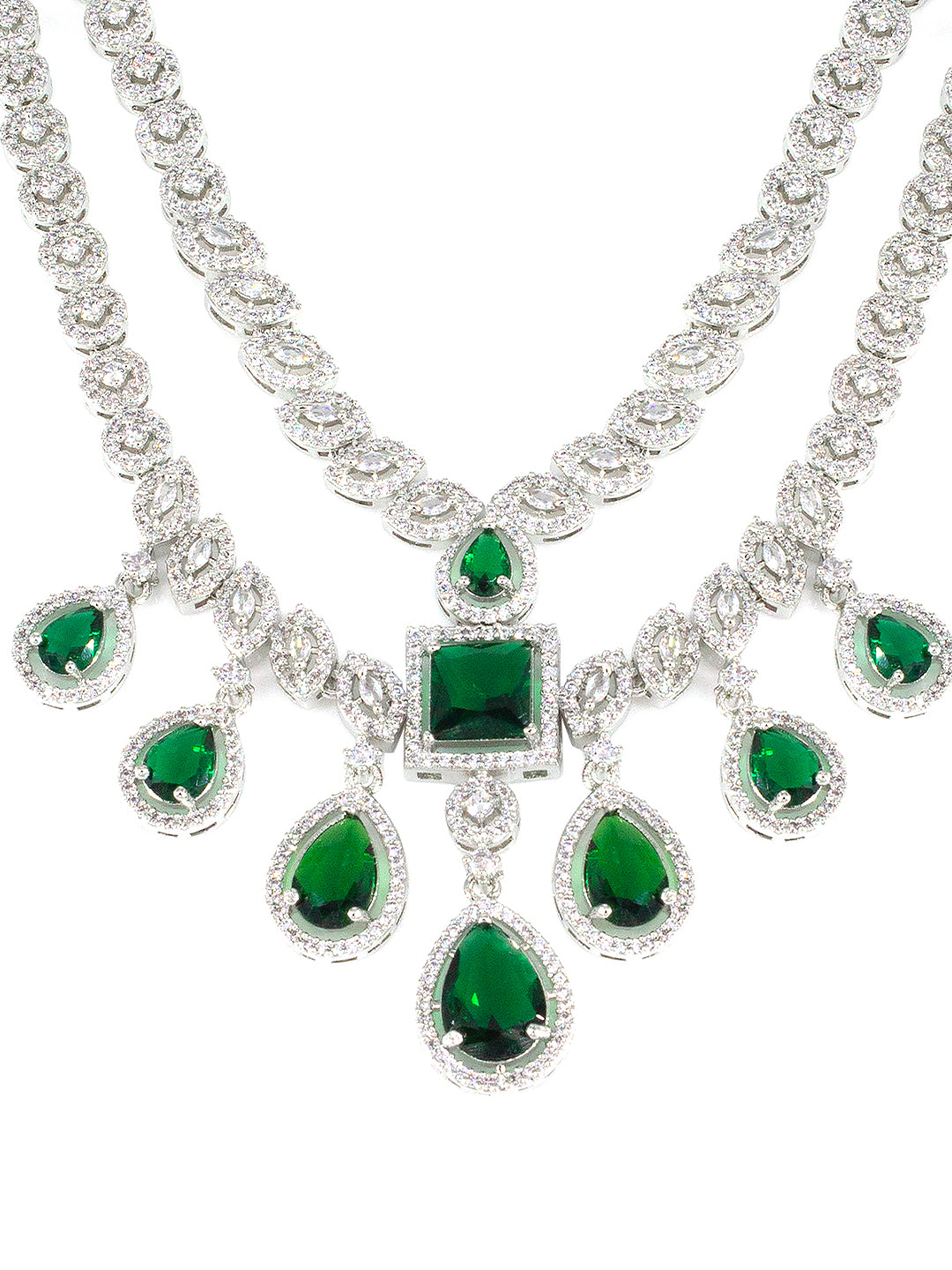 American Diamond Green 2 Layer Designer Jewellery Set For Women