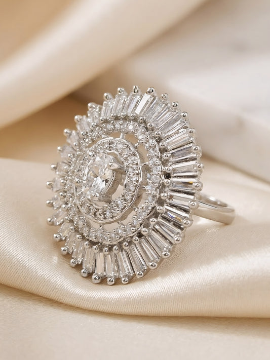 Silver Plated AD Round Adjustable Finger Ring for Women