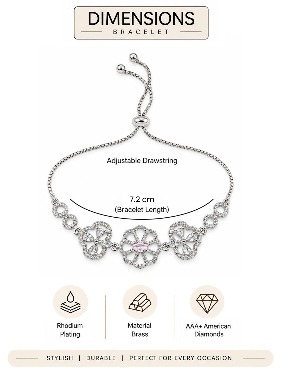 Rhodium Plated Pink AD Adjustable Bracelet for Women