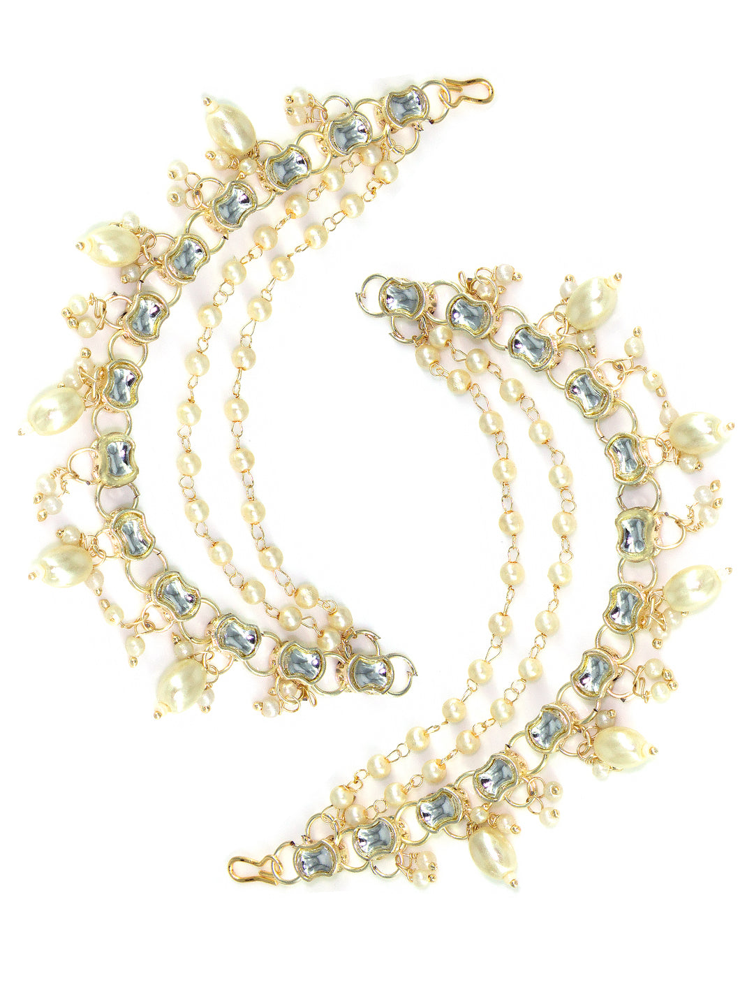 Gold-plated 3-Layered Kundan-Studded & Faux-Pearl Drop Ear Chain