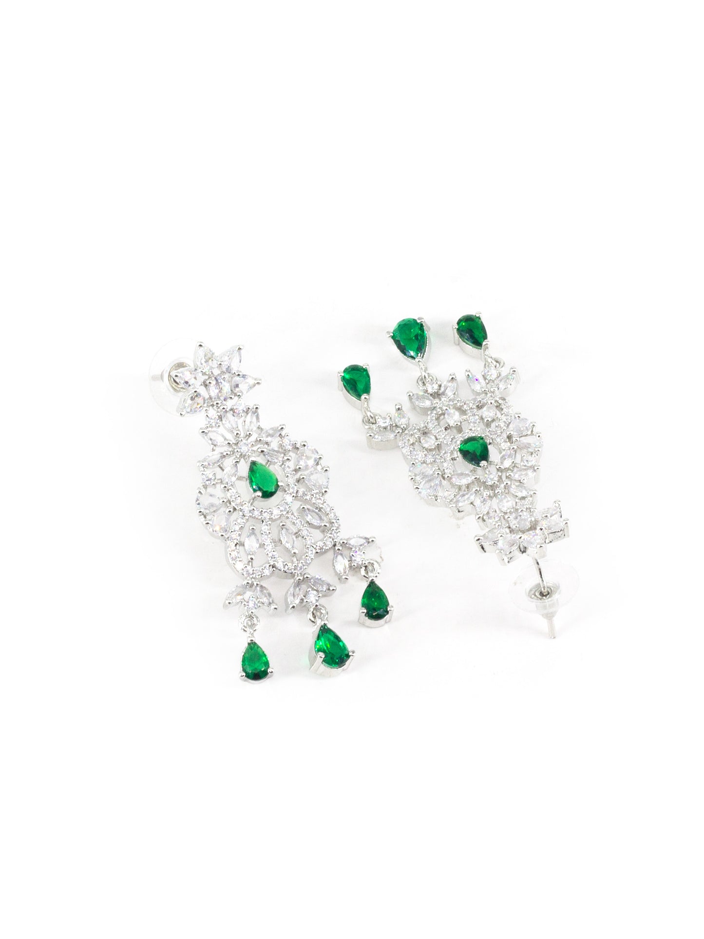 Silver Plated Green & White AD Designer Jewellery Set