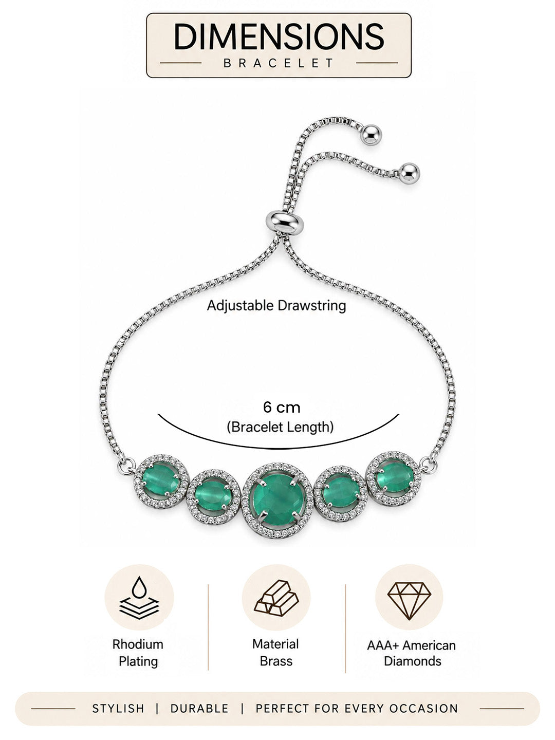 Rhodium Plated Green AD Adjustable Bracelet for Women