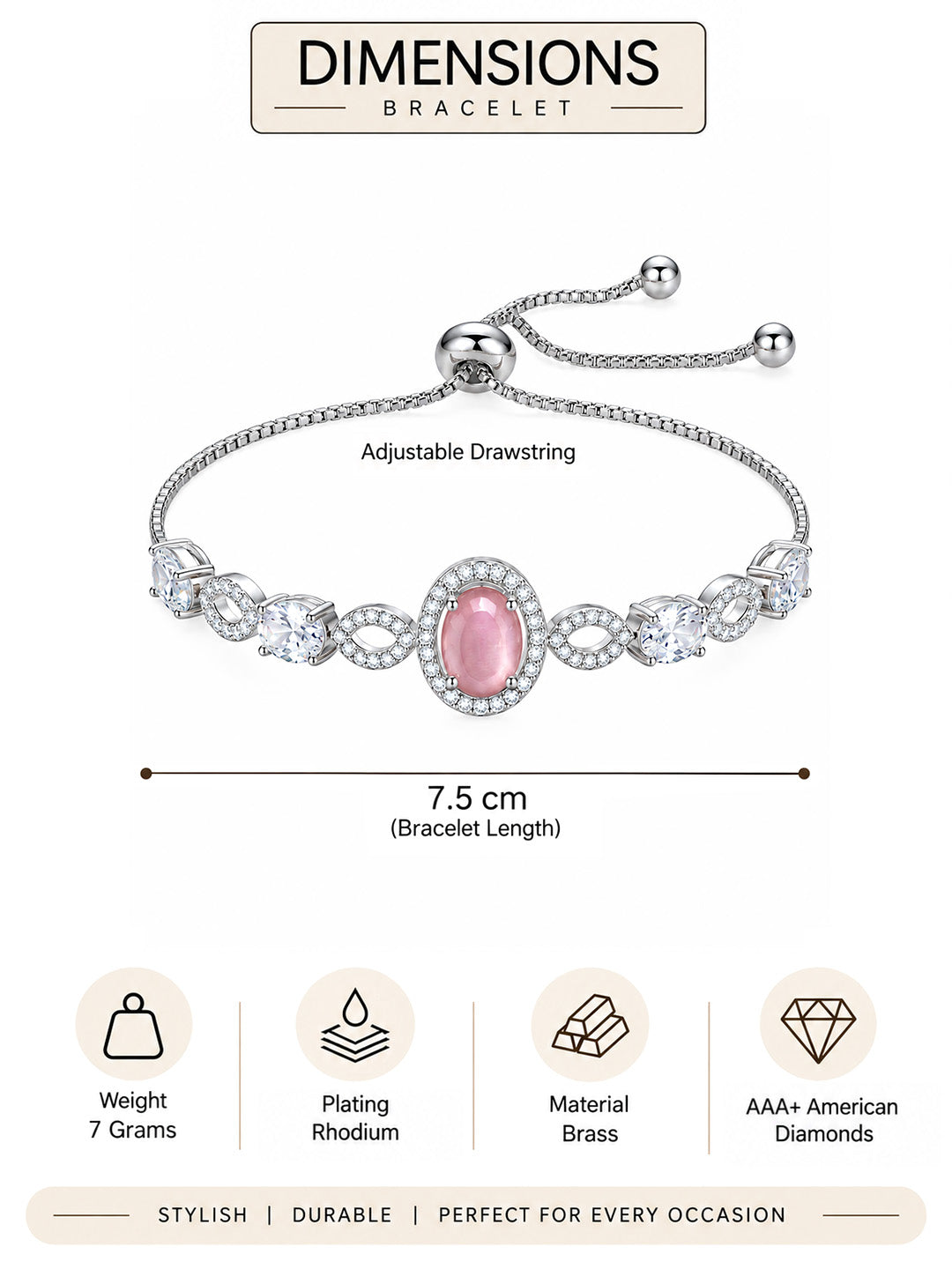 Silver Plated Pink AD Adjustable Bracelet for Women