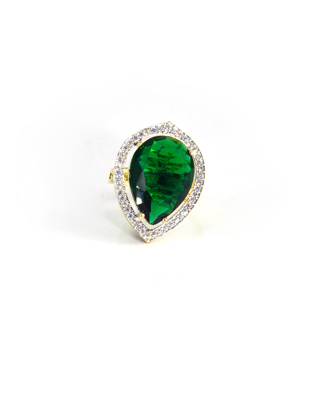Green Teardrop Stone AD Ring – Gold Plated | Designer Statement Ring