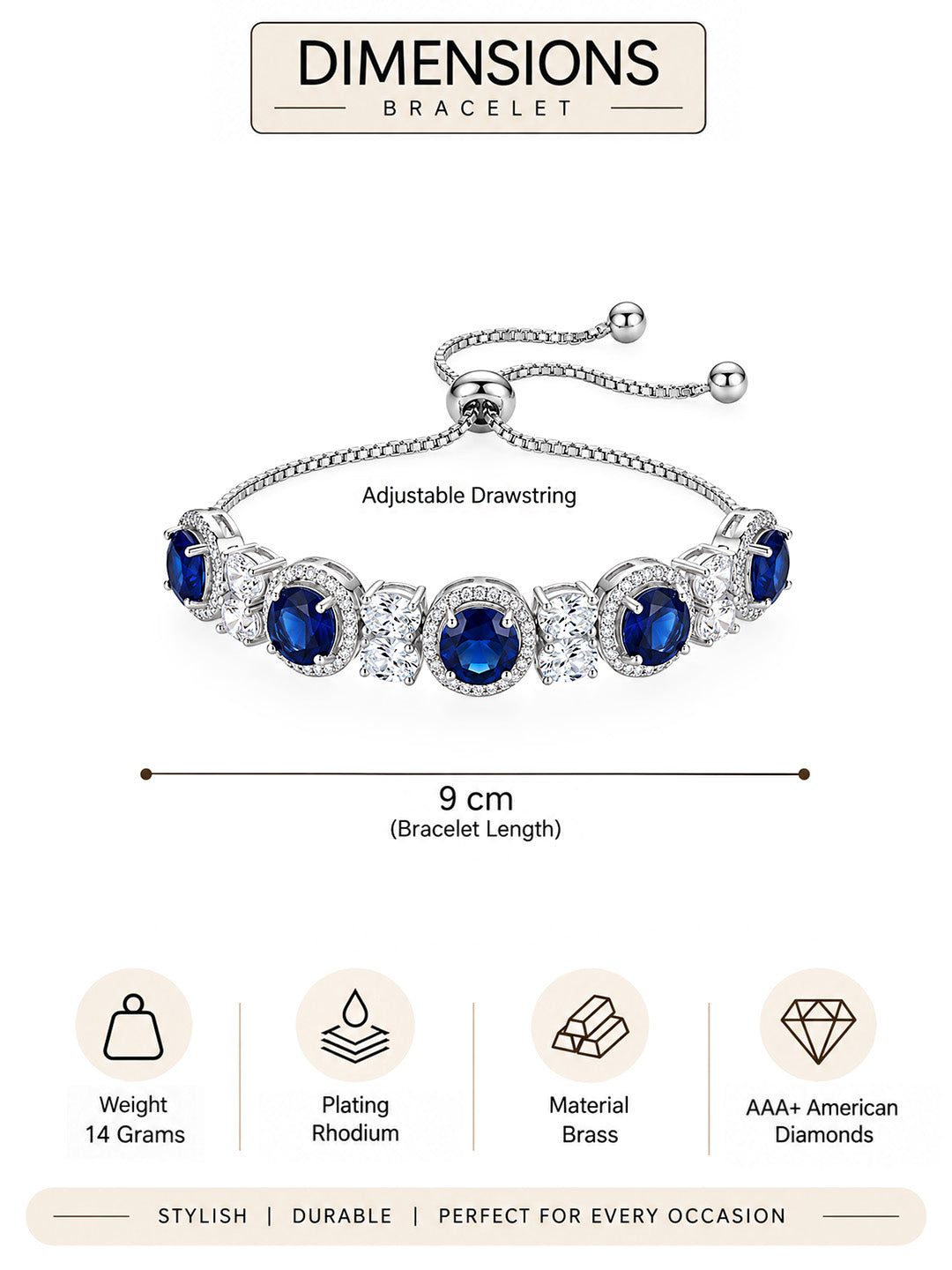Silver Plated Blue AD Adjustable Bracelet for Women