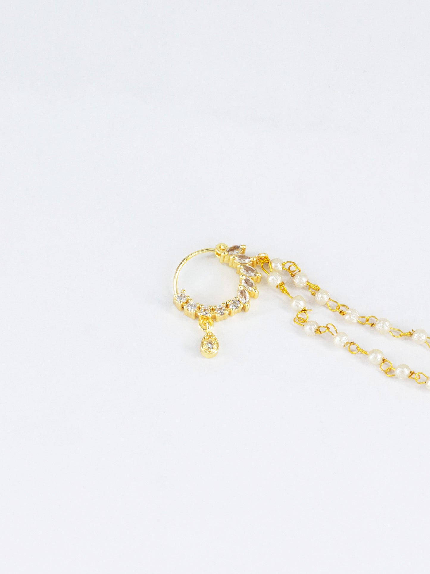 Gold Plated AD Nose Ring with 2 line Pearl Chain