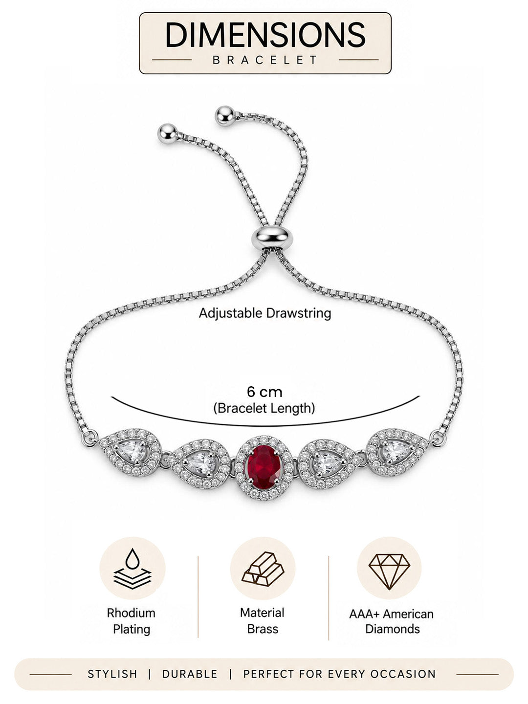 Rhodium Plated Red AD Adjustable Bracelet for Women