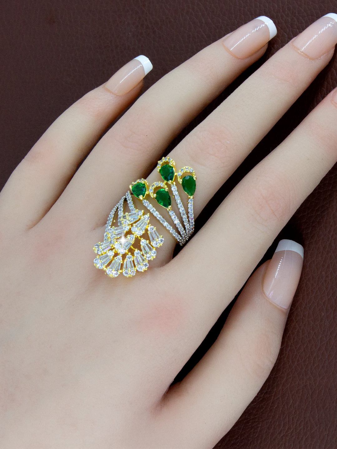 Gold Plated Green AD Adjustable Cocktail Ring For Women