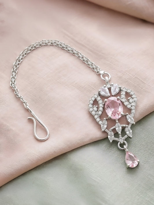 Silver Plated Pink AD Maang Tikka for Women