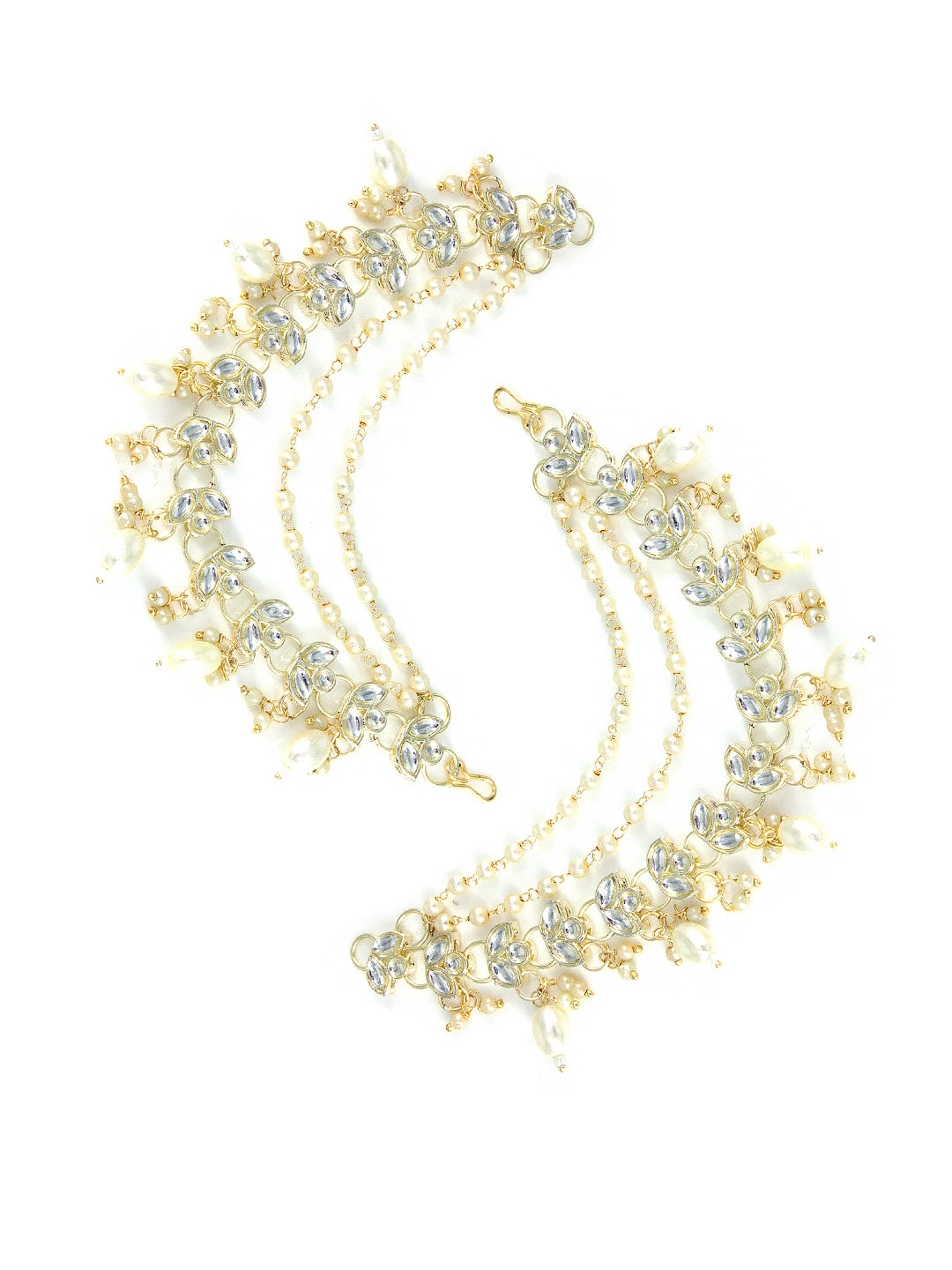 Gold-plated 3-Layered Leaf-Shaped Kundan-Studded & Faux-Pearl Drop Ear Chain