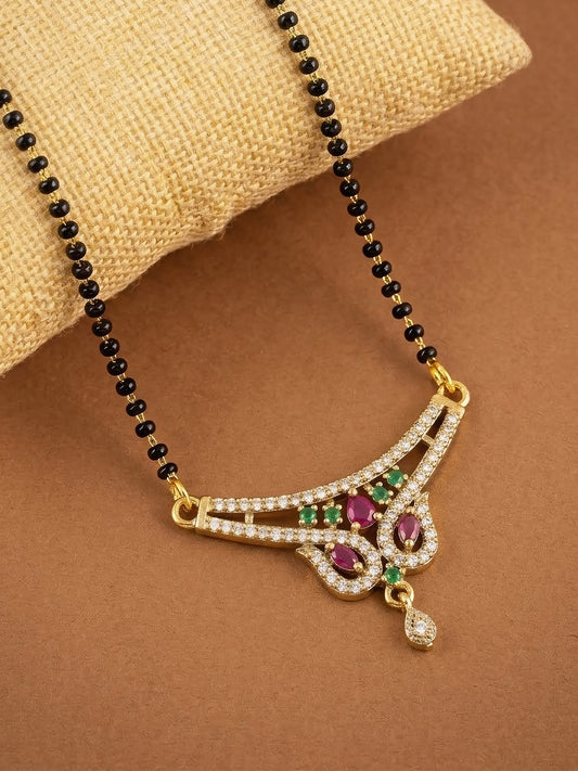 Gold Plated Red & Green AD Mangalsutra For Women