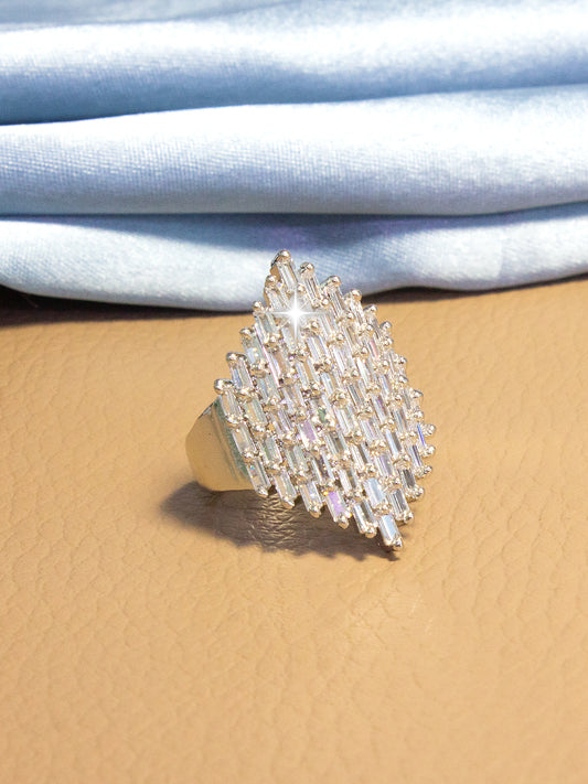 Silver Plated Baguette Premium AD Statement Ring – Oversized Designer Look