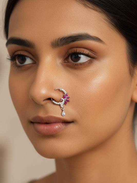 Silver Plated Red AD Drop Nose Ring for Women