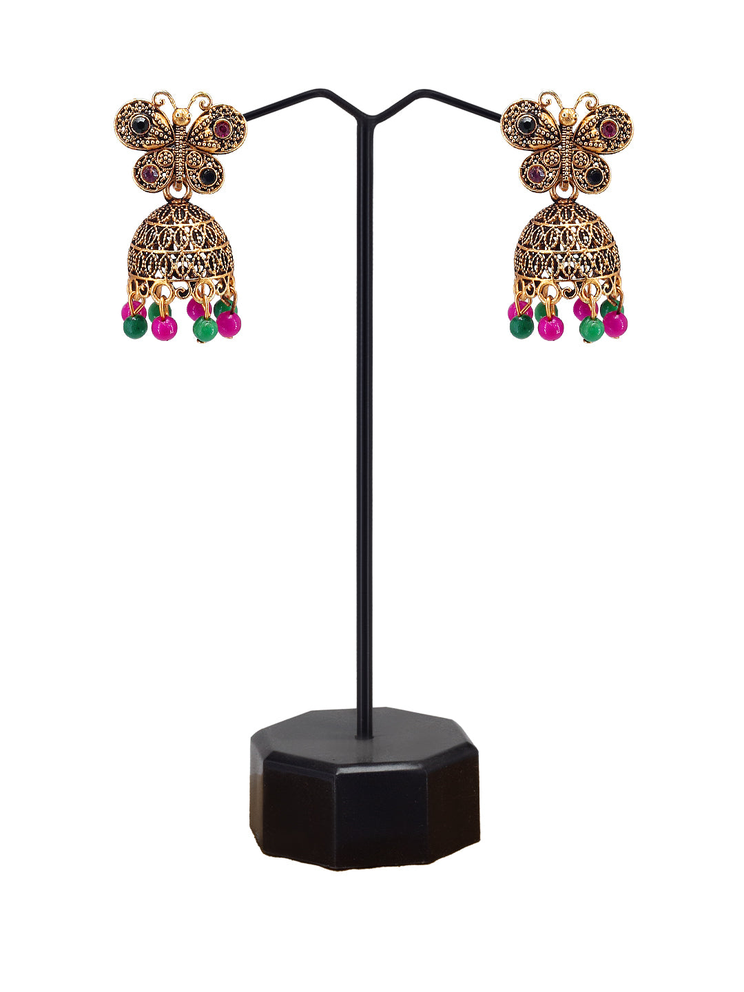 Antique Gold-Plated Butterfly Artificial Stone & Beaded Jhumki Earrings