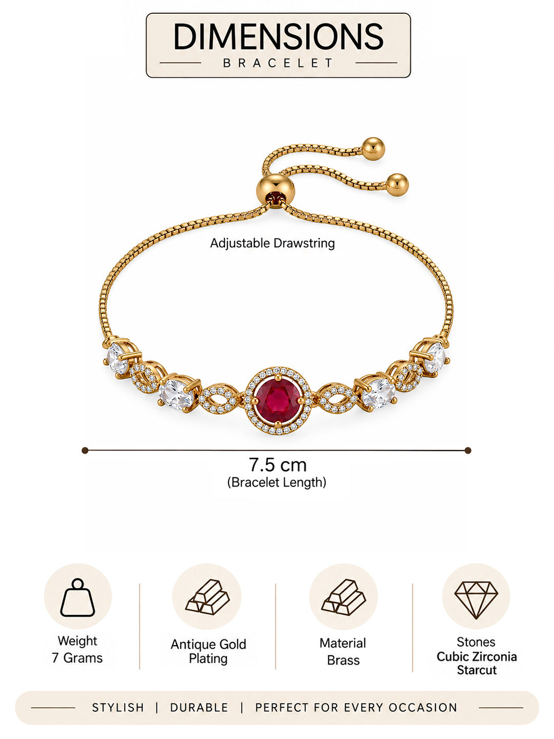 Antique Gold Plated Red AD Adjustable Bracelet for Women