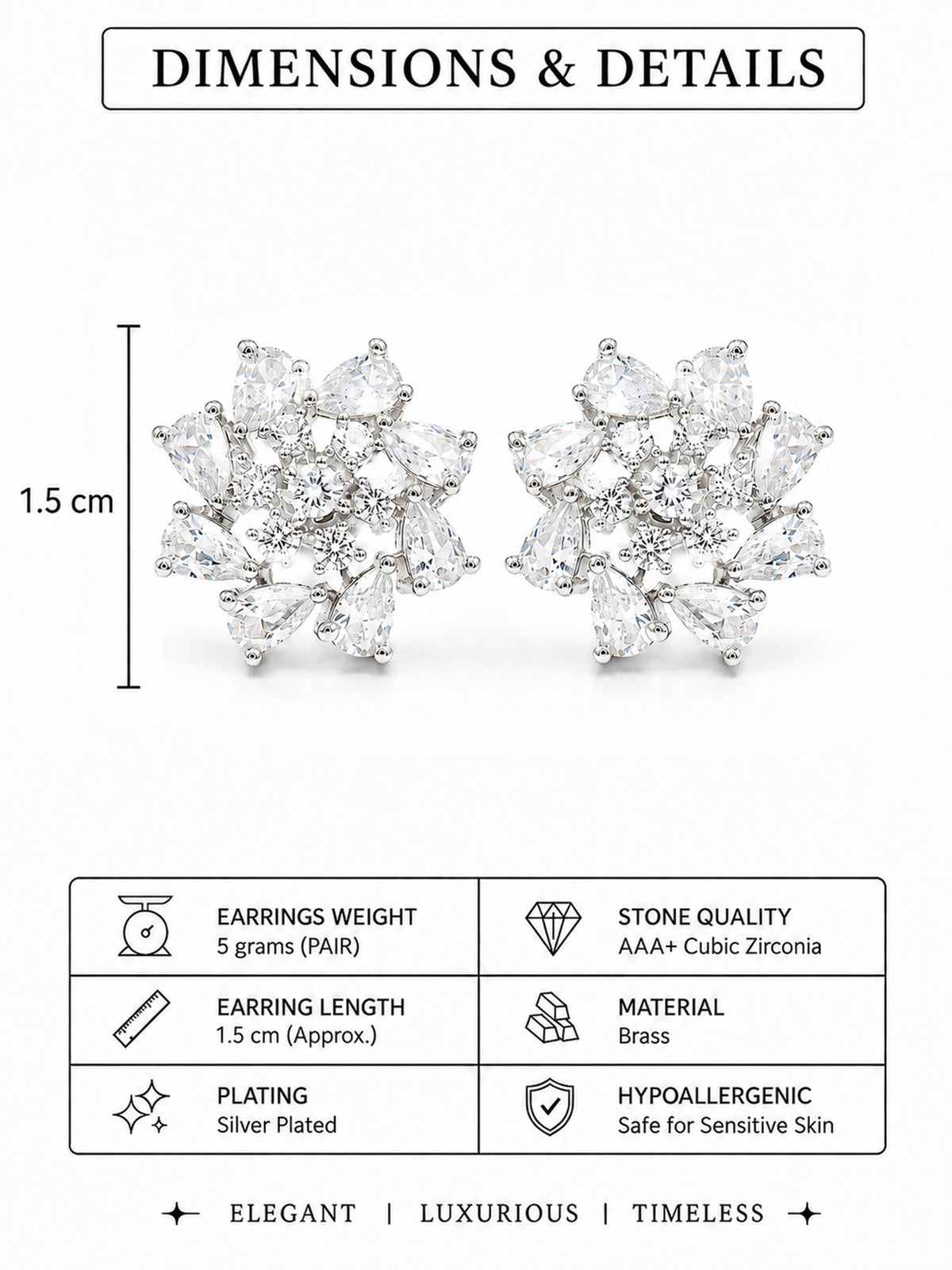 Rhodium Plated AD Floral Stud Earrings for Women
