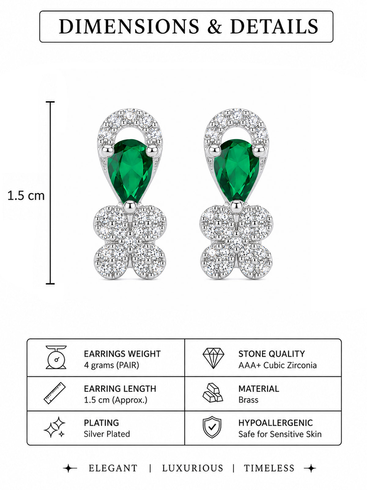 Rhodium Plated Green AD Stud Earrings for Women