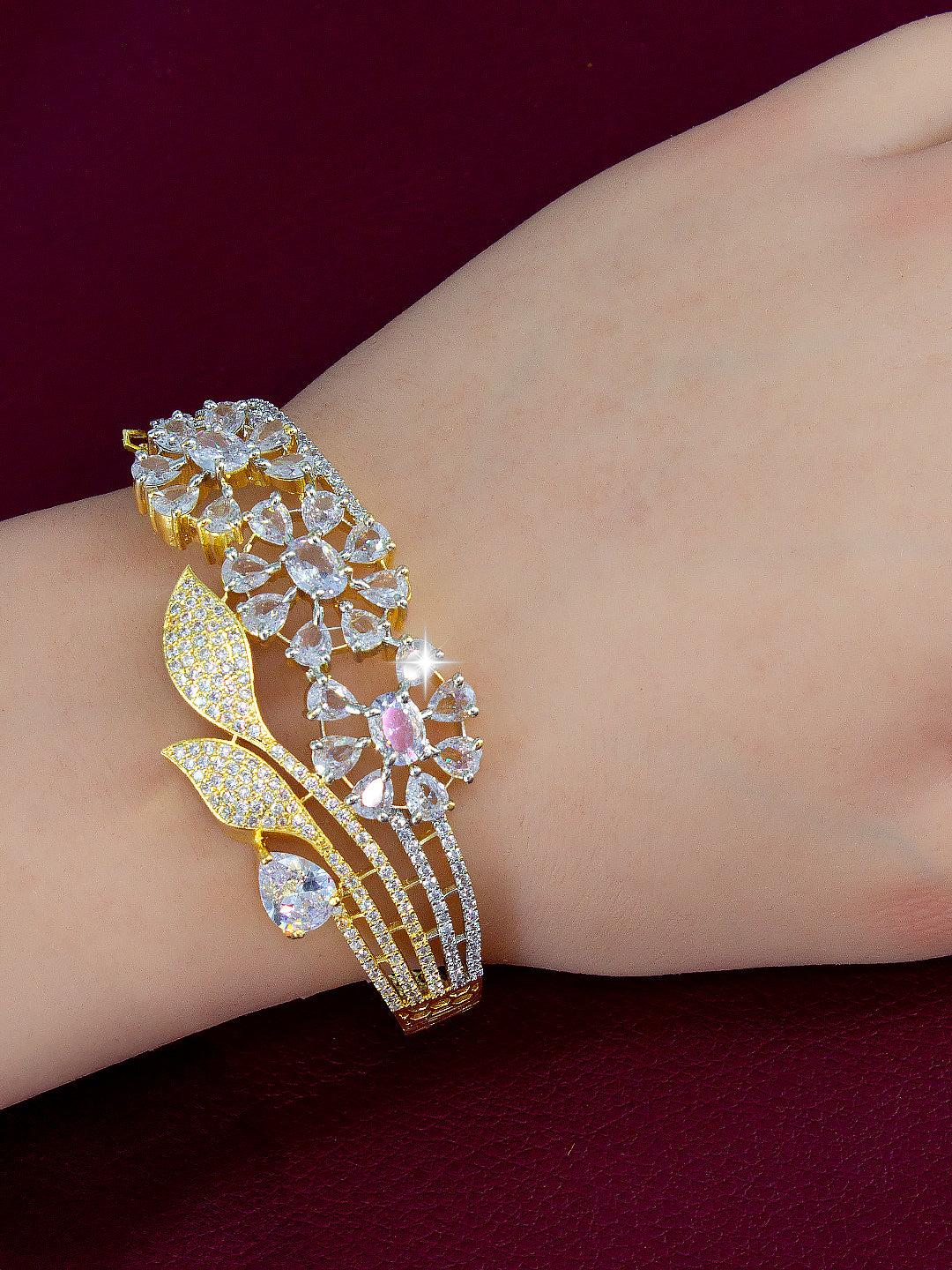 Gold Plated White AD Floral Cuff Bracelet For Women