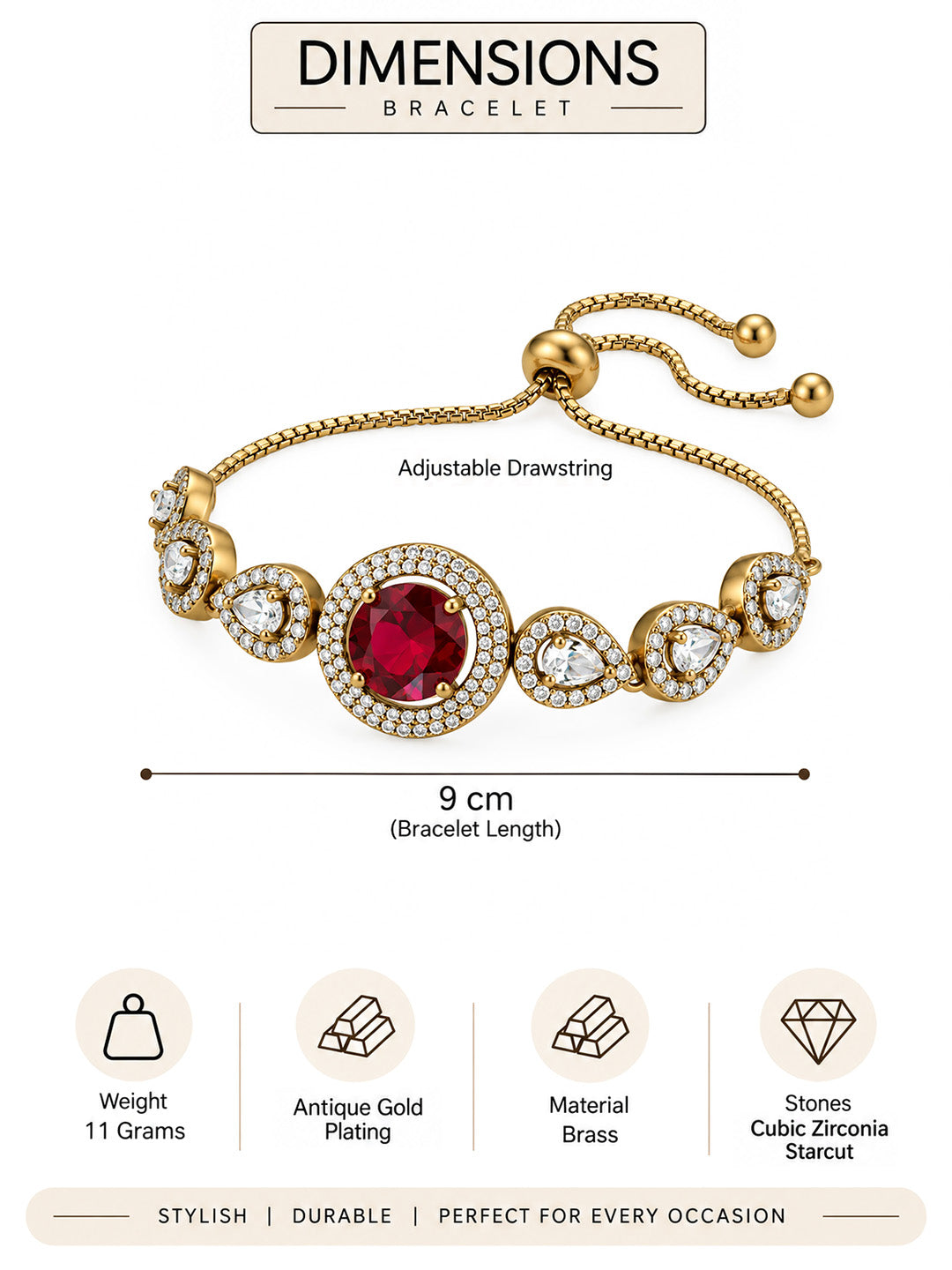 Antique Gold Plated Red AD Adjustable Bracelet for Women