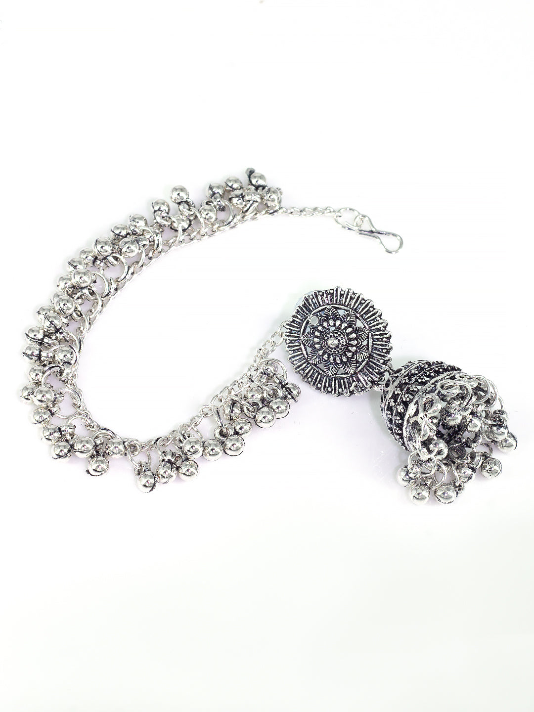 Silver-Oxidised Floral Jhumka Earrings With Hair Chain