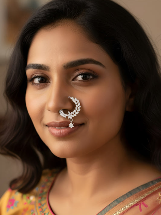 Silver Plated White AD Bridal Drop Press On Nose Ring