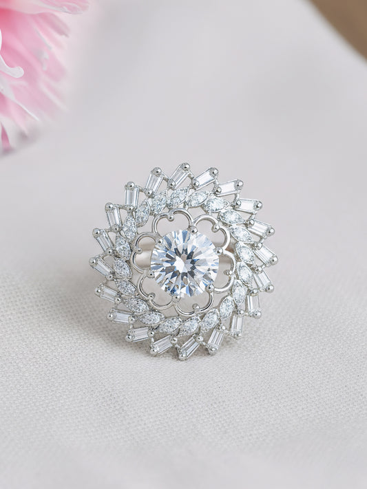 Silver Plated White AD Floral Adjustable Ring for Women