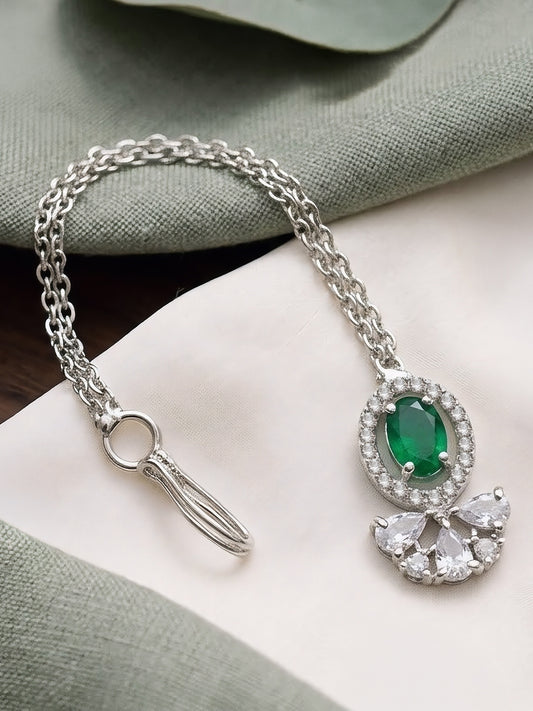 Silver Plated Green AD Maang Tikka for Women