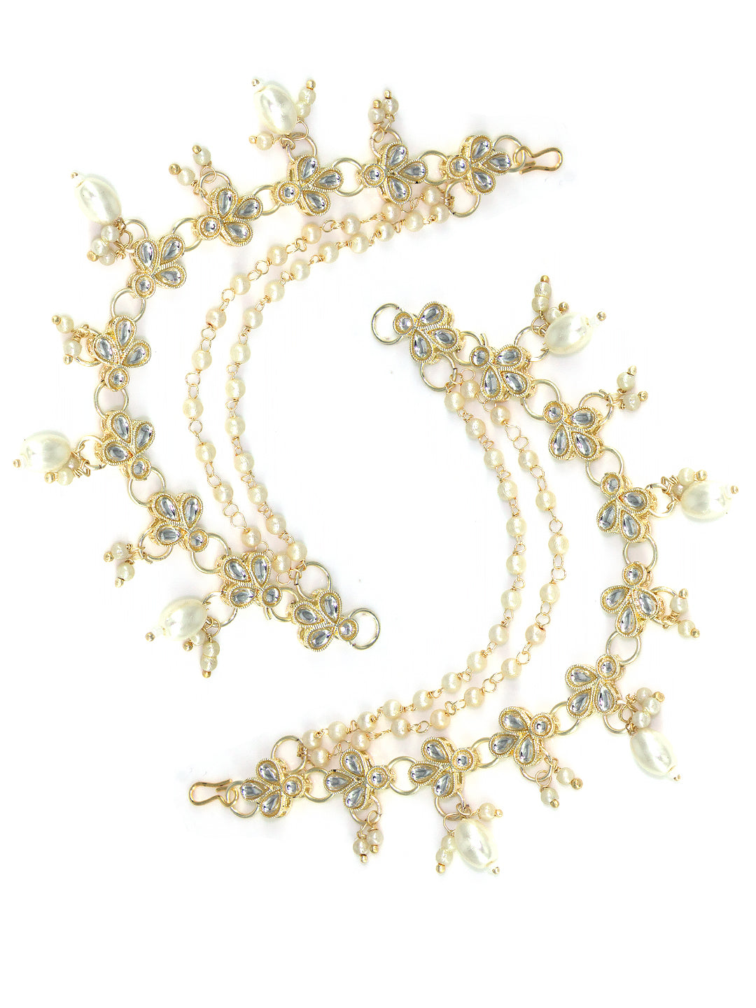 Gold-plated 3-Layered Floral Kundan-Studded & Faux-Pearl Drop Ear Chain