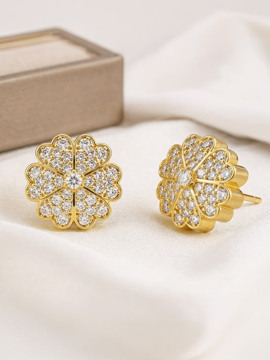 Gold Plated AD Floral Stud Earrings for Women