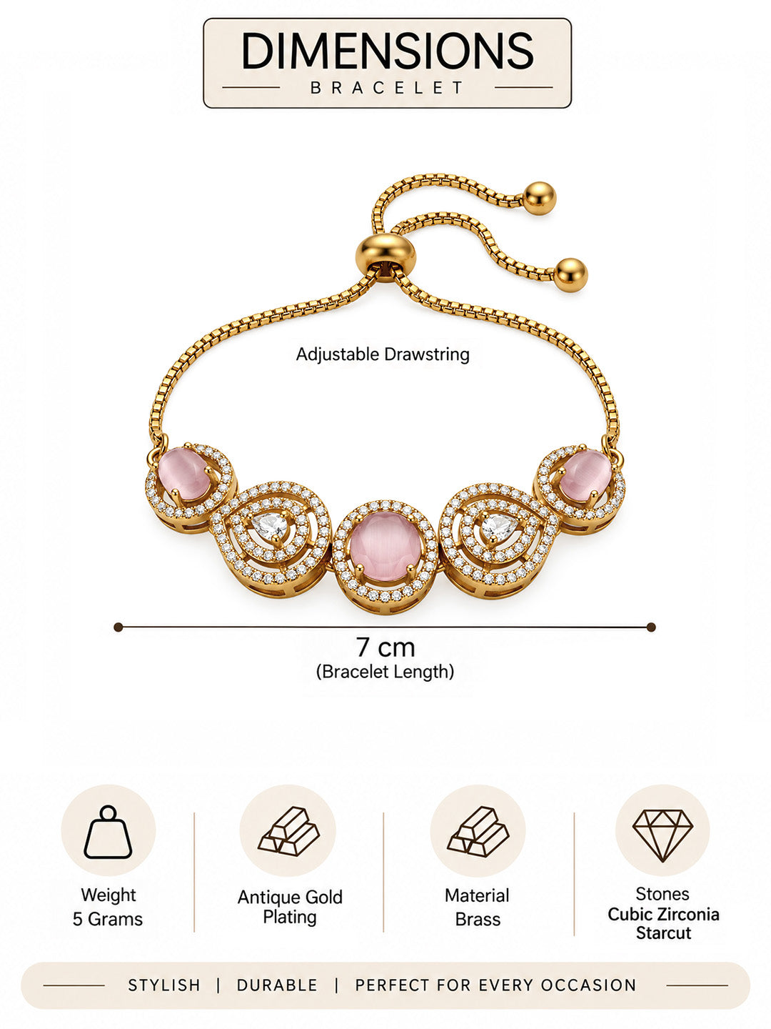 Antique Gold Plated Pink AD Adjustable Bracelet for Women