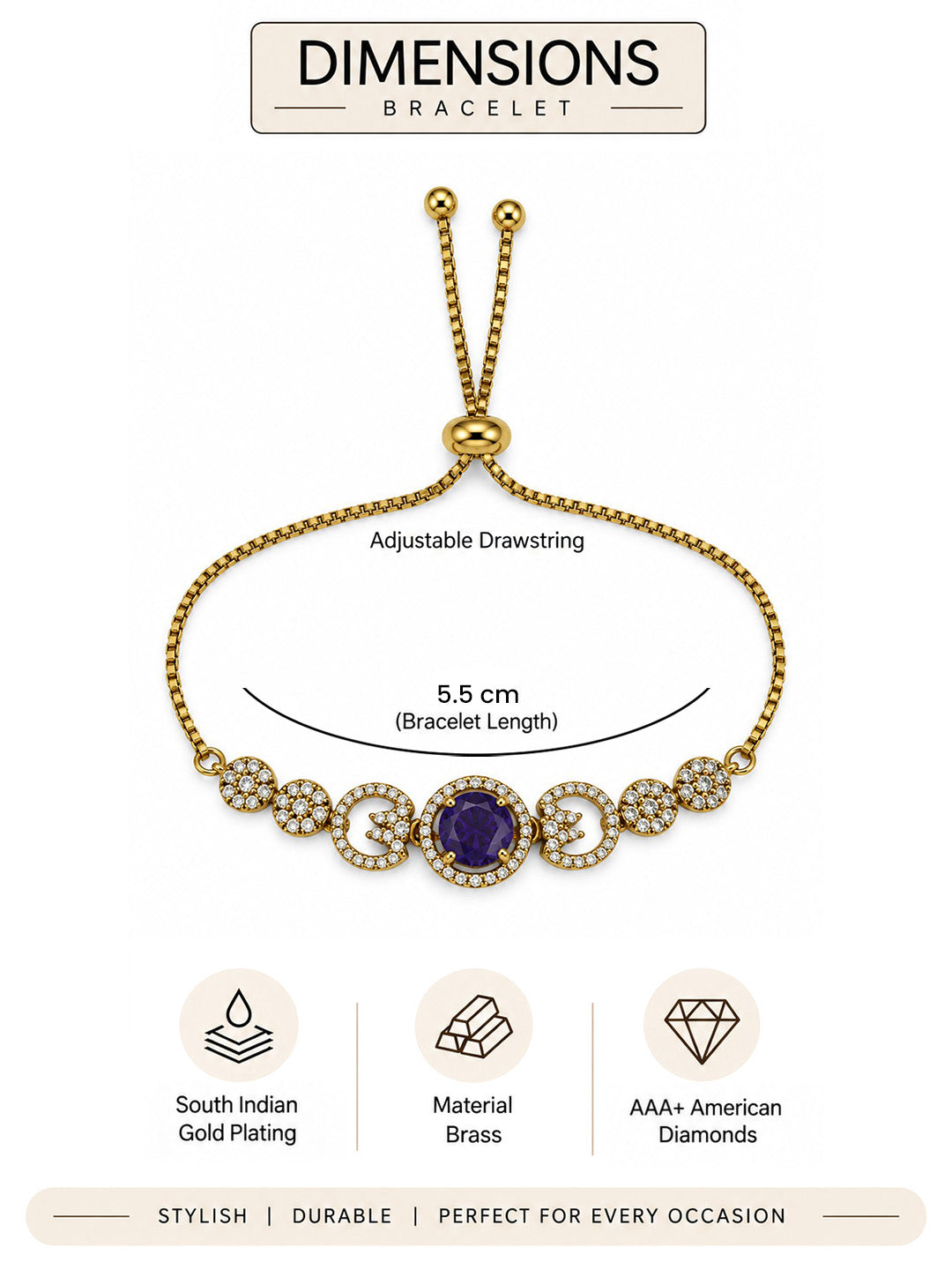 South Indian Gold Plated Purple AD Adjustable Bracelet for Women