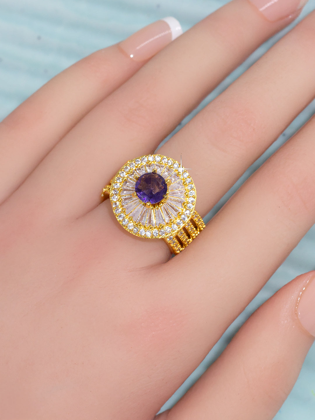 Purple Statement Solitaire AD-Studded Adjustable Ring